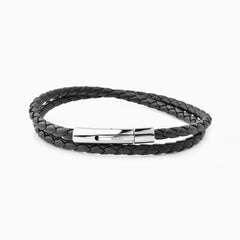 Fabio Double Wrap Leather Bracelet  Black And Silver