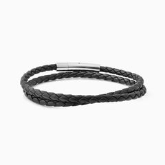 Fabio Double Wrap Leather Bracelet  Black And Silver