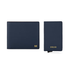 Set with Serafino Wallet and Pietro Popup Card Holder Italian Leather Navy Blue